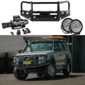Enhanced 90 Series Prado Off-Road Frontal Pack: Heavy-Duty Bull Bar, Premium Winch, and High-Intensity LED Spotlights