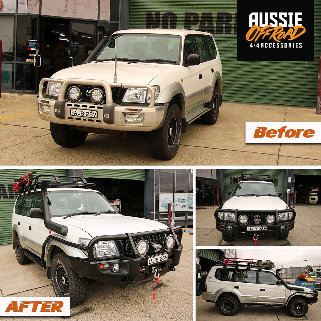 Enhanced 90 Series Prado Off-Road Frontal Pack: Heavy-Duty Bull Bar, Premium Winch, and High-Intensity LED Spotlights