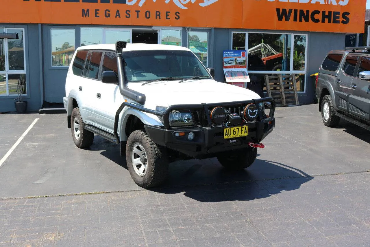 Enhanced 90 Series Prado Off-Road Frontal Pack: Heavy-Duty Bull Bar, Premium Winch, and High-Intensity LED Spotlights