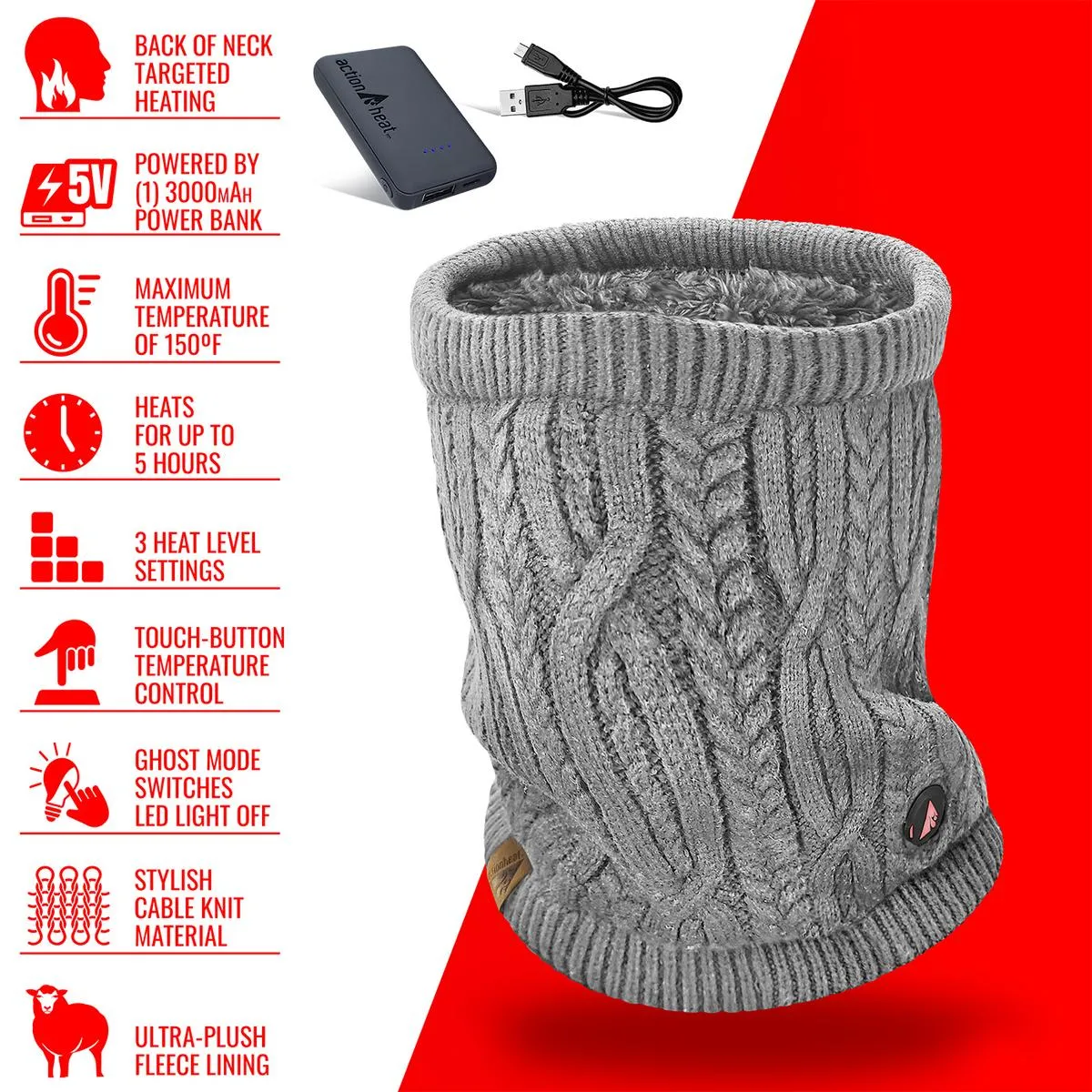ActionHeat 5V Battery Cable Knit Heated Neck Gaiter