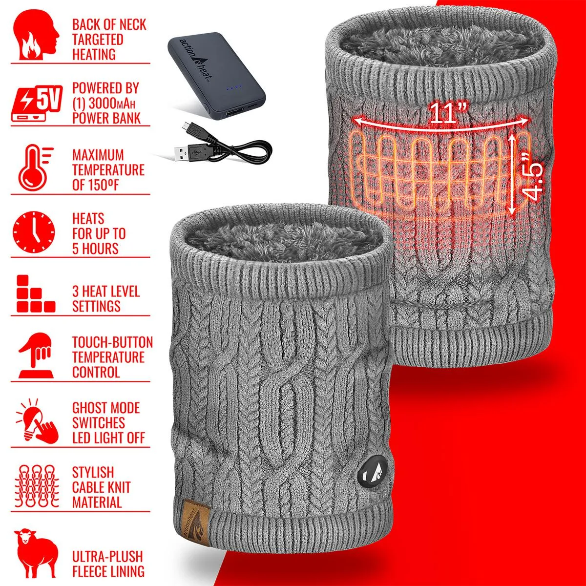 ActionHeat 5V Battery Cable Knit Heated Neck Gaiter