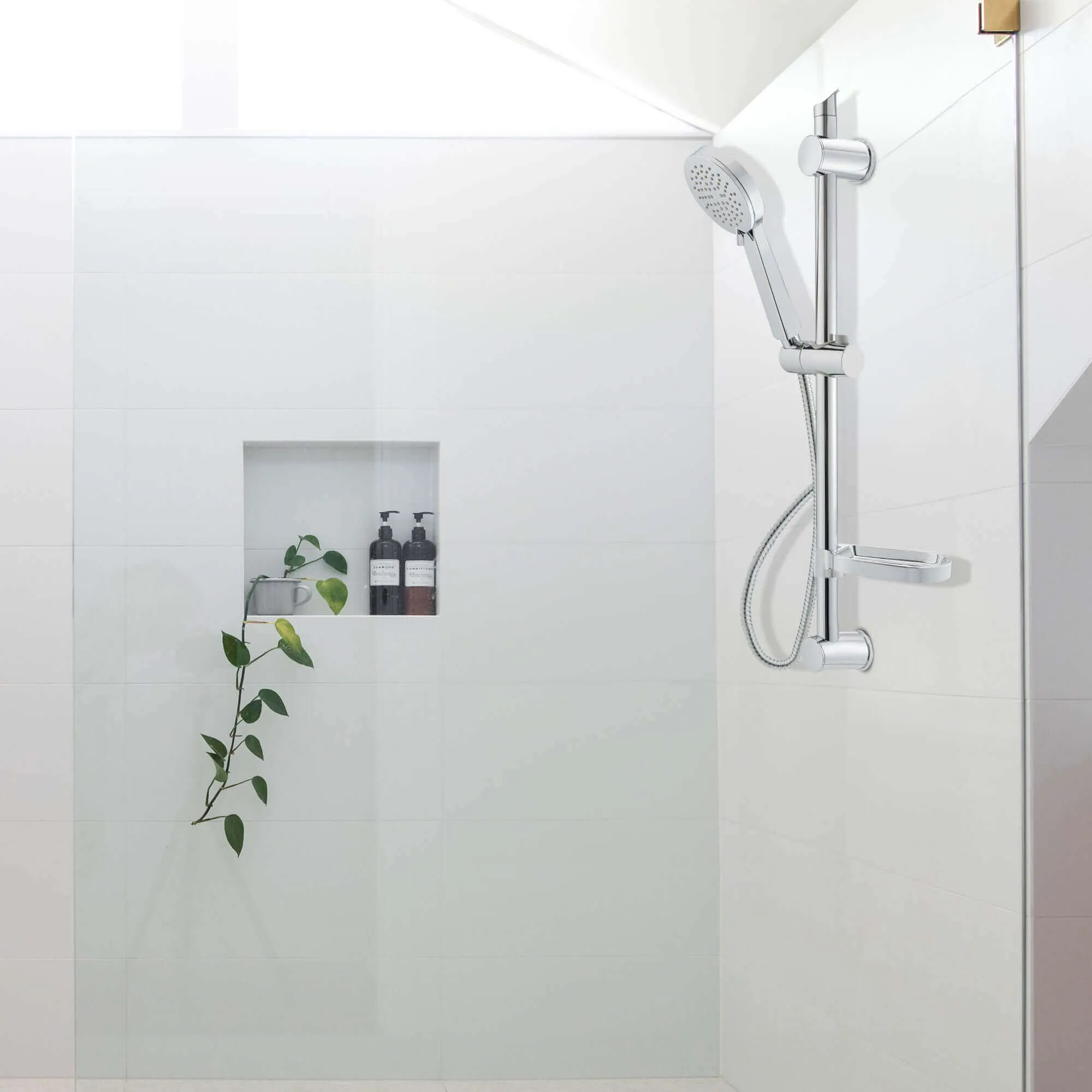 Adjustable Shower Slider Riser Rail Kit With 3 Setting Shower Head, Hose - Chrome