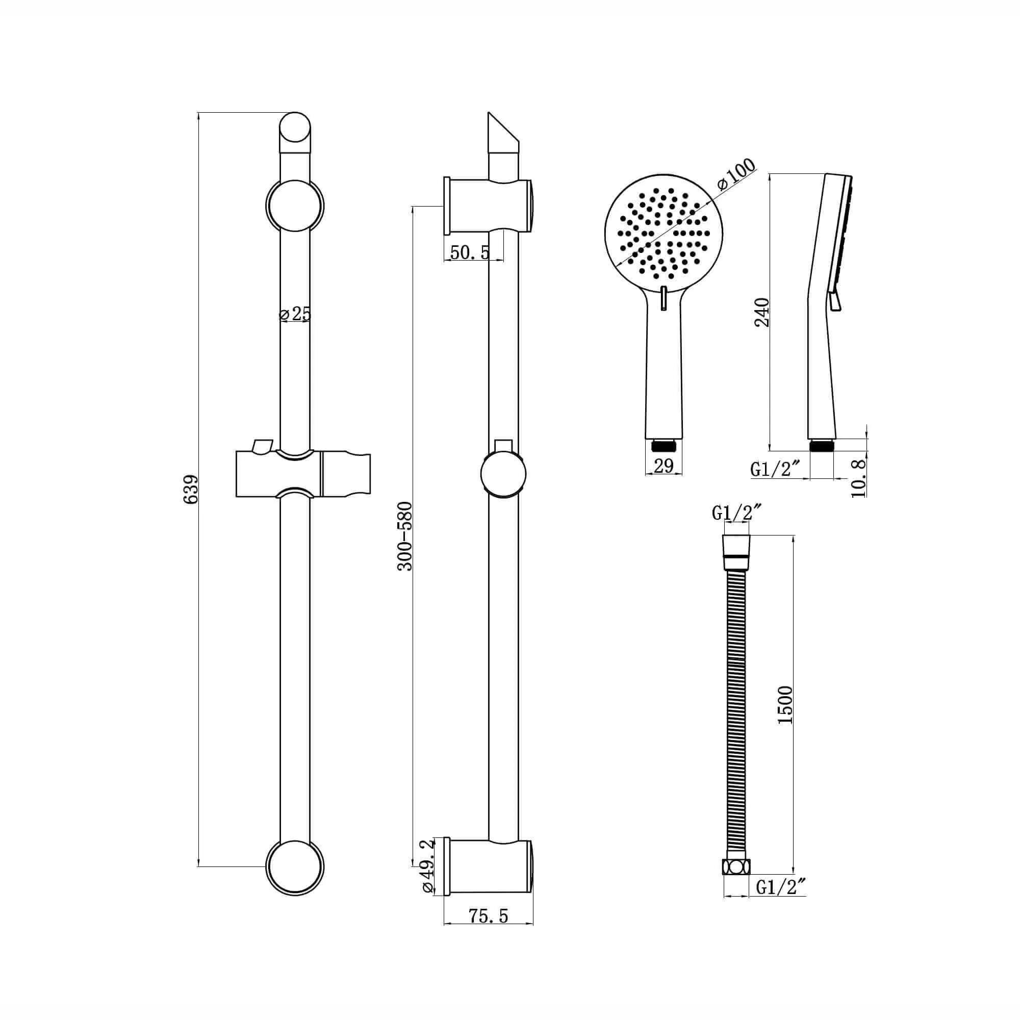 Adjustable Shower Slider Riser Rail Kit With 3 Setting Shower Head, Hose - Chrome