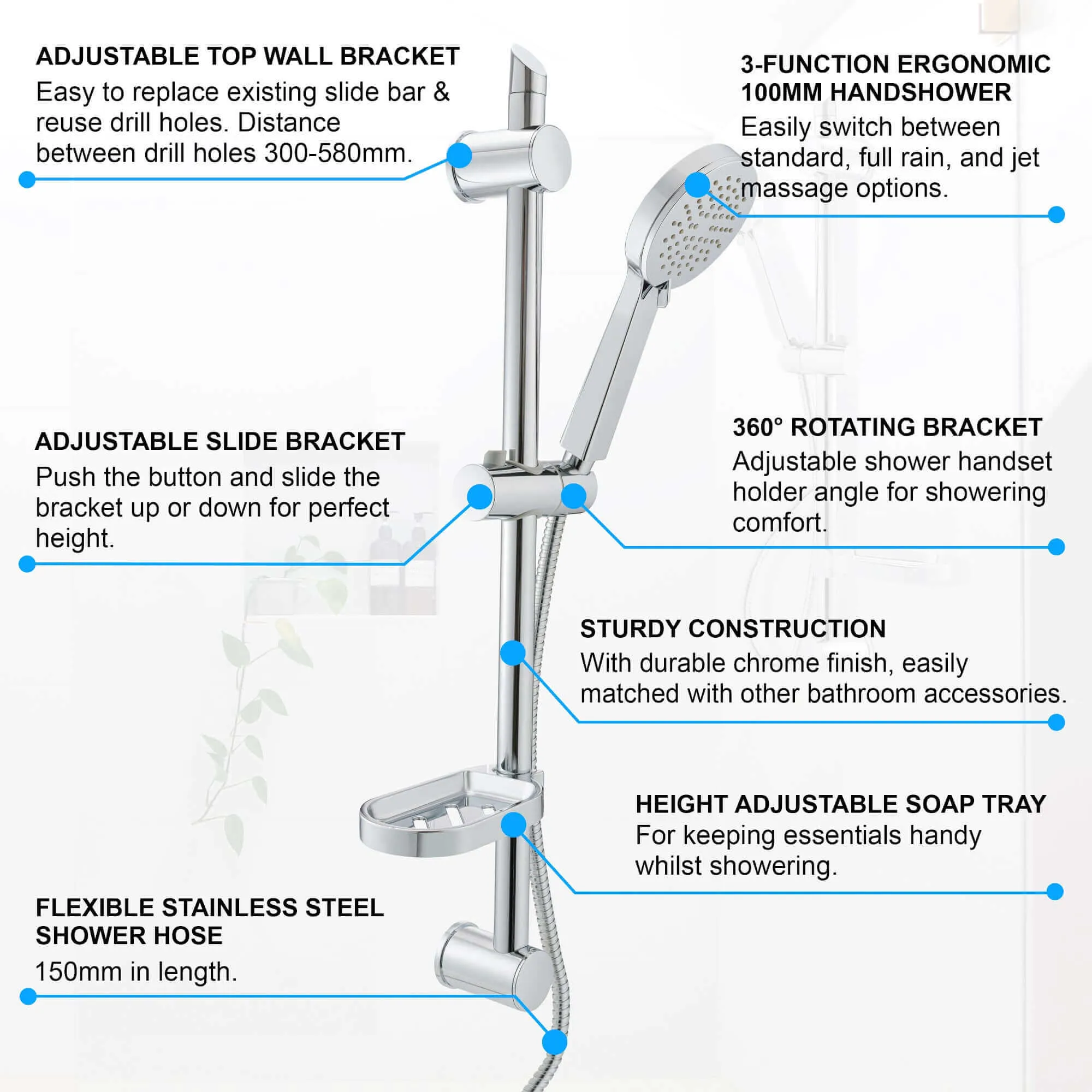 Adjustable Shower Slider Riser Rail Kit With 3 Setting Shower Head, Hose - Chrome