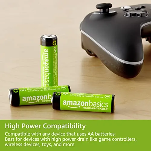 Amazon Basics 16-Pack Rechargeable AA NiMH High-Capacity Batteries, 2400 mAh, Recharge up to 400x Times, Pre-Charged
