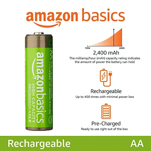 Amazon Basics 16-Pack Rechargeable AA NiMH High-Capacity Batteries, 2400 mAh, Recharge up to 400x Times, Pre-Charged