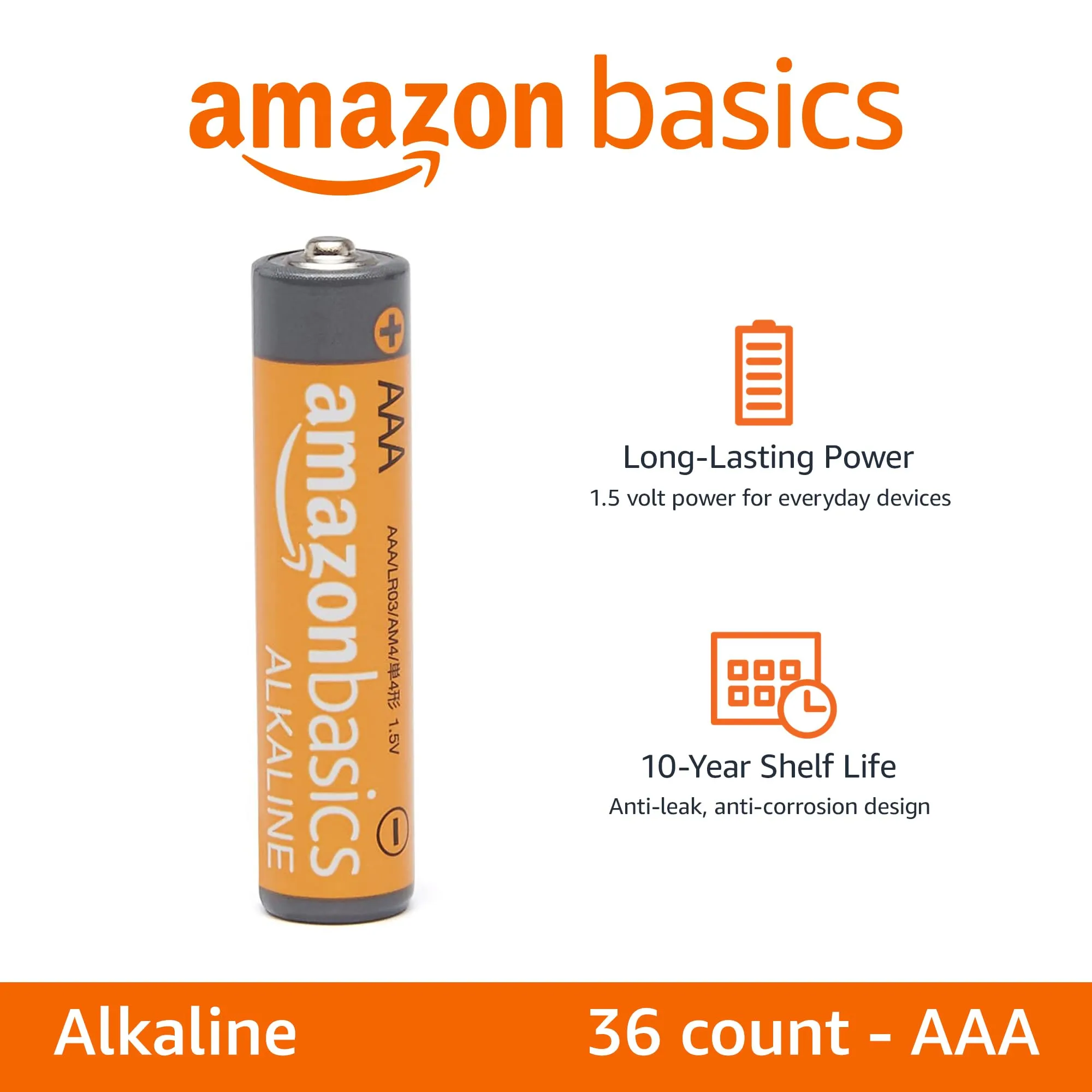 Amazon Basics 36 Count (Pack of 1) AAA High-Performance Alkaline Batteries, 10-Year Shelf Life, Easy to Open Value Pack