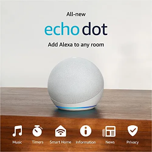 Amazon Echo Dot (newest model), With bigger vibrant sound, helpful routines and Alexa, Glacier White