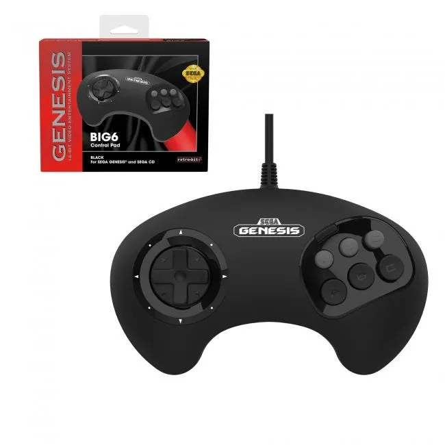 BIG6 wired controller pad for Sega Mega Drive & Genesis officially licensed - 10ft (3 meters) Black | Retro-Bit