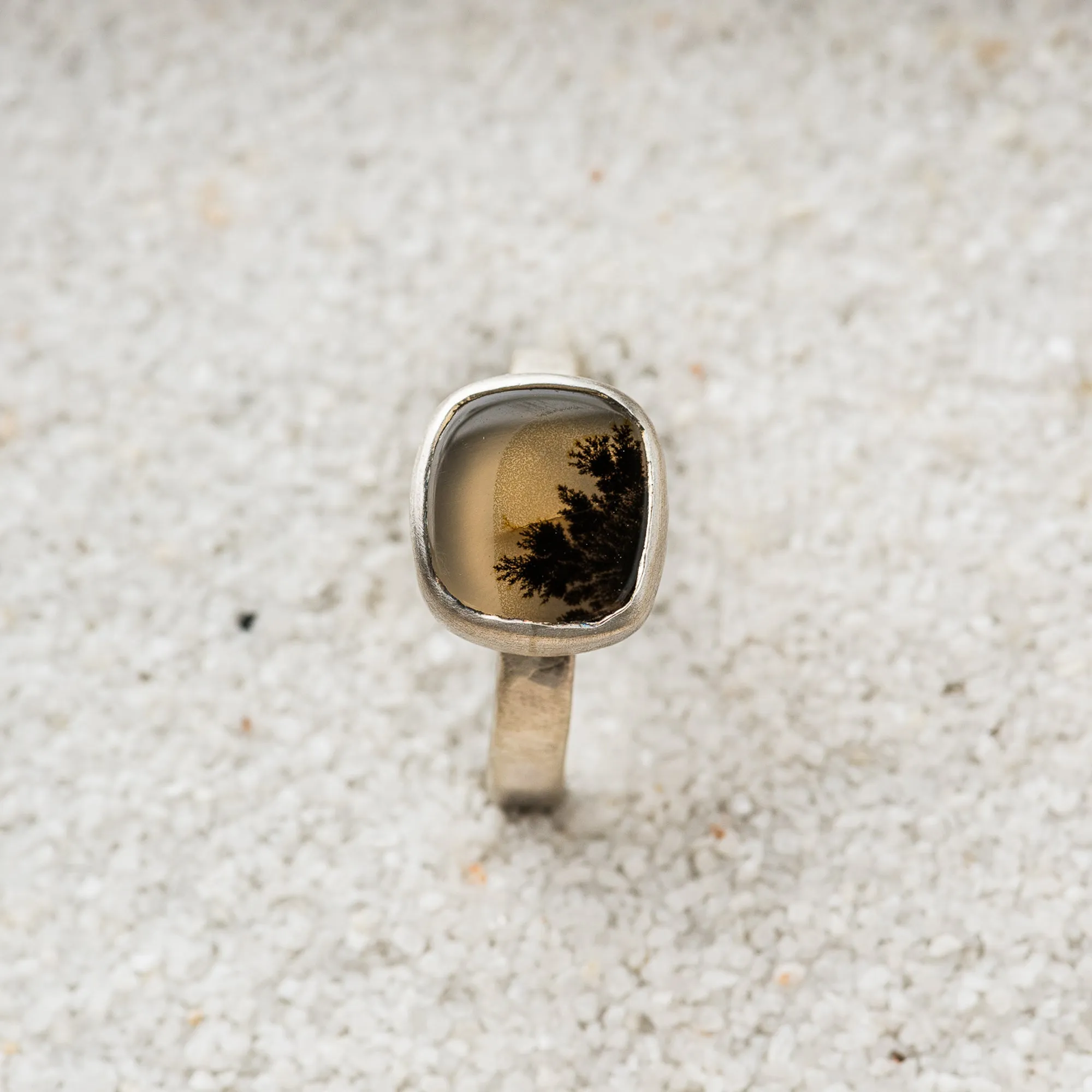 Dendritic Agate Freeform Square Ring on Hammered Band