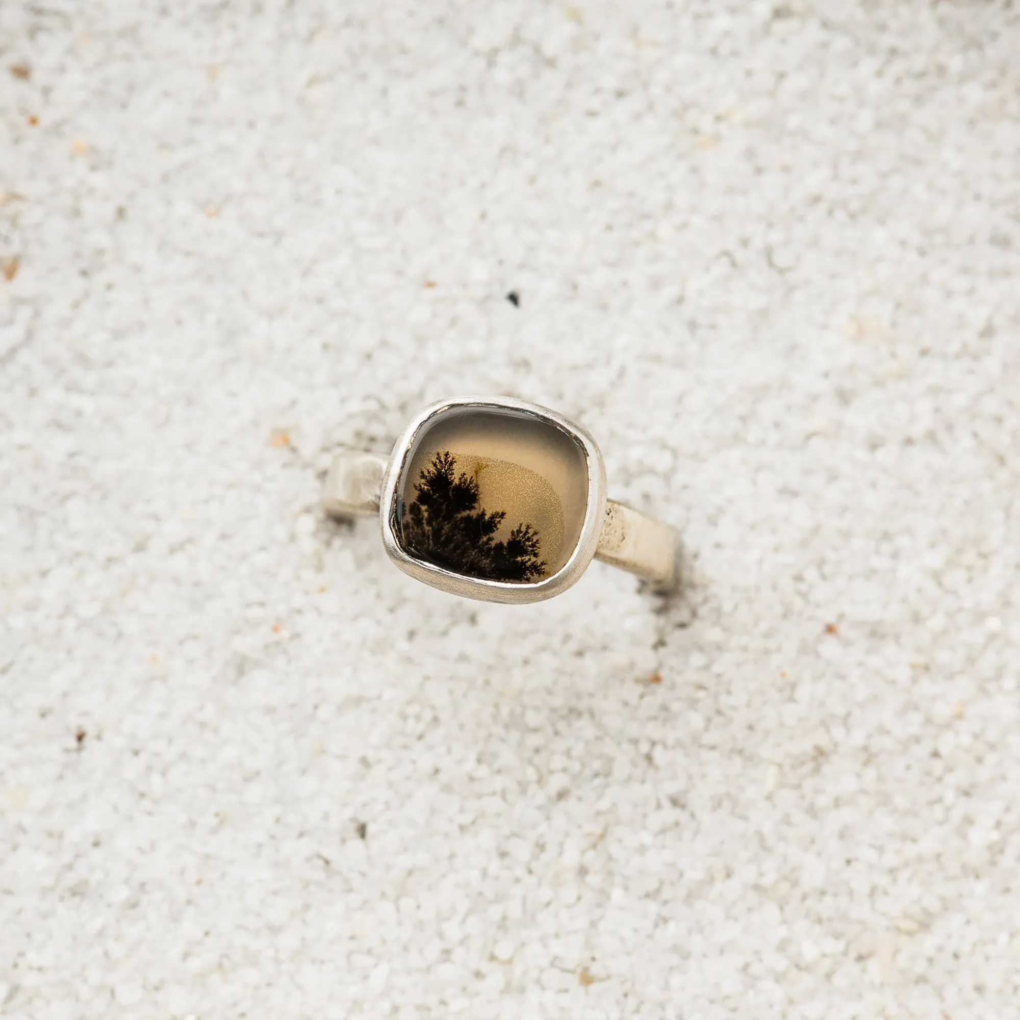 Dendritic Agate Freeform Square Ring on Hammered Band