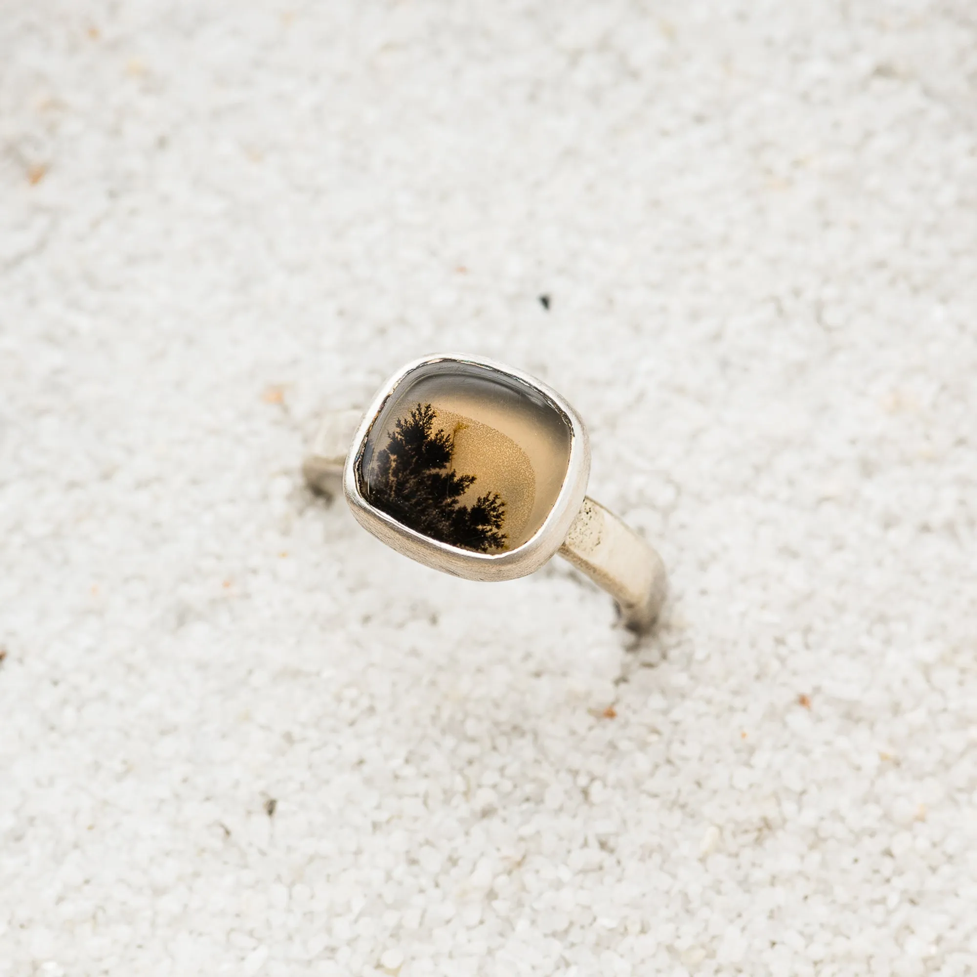 Dendritic Agate Freeform Square Ring on Hammered Band