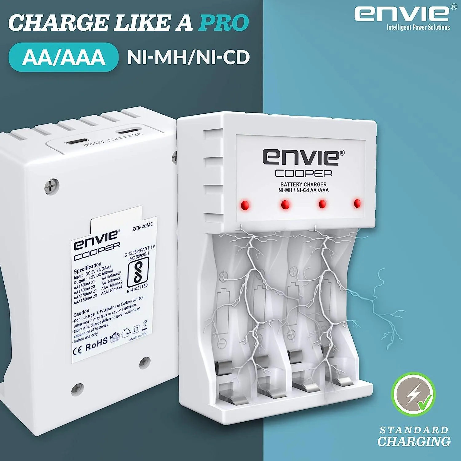 ENVIE (ECR-20 4xAA Ni-Cd 1000) Beetle Charger with Envie Ni-Cd1000mAh Batteries.