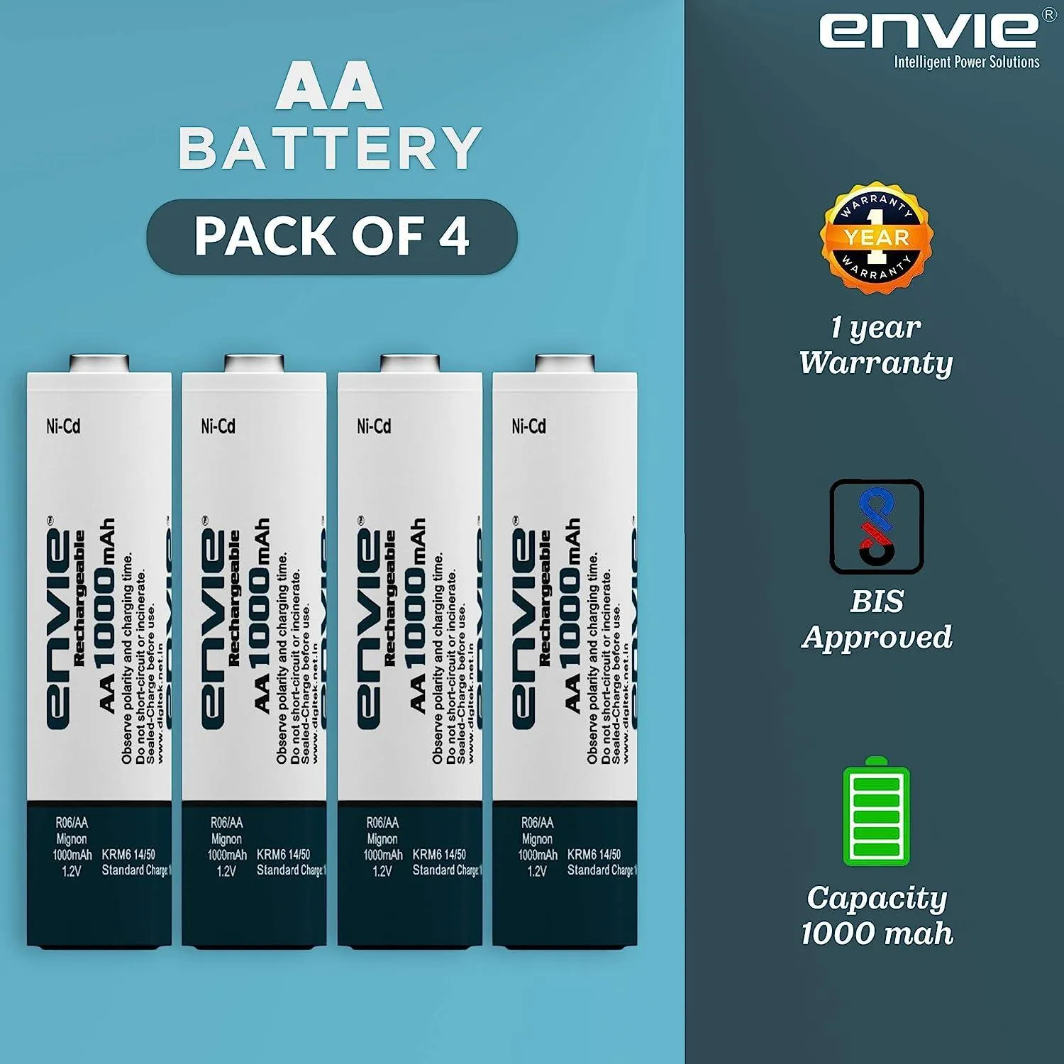 ENVIE (ECR-20 4xAA Ni-Cd 1000) Beetle Charger with Envie Ni-Cd1000mAh Batteries.