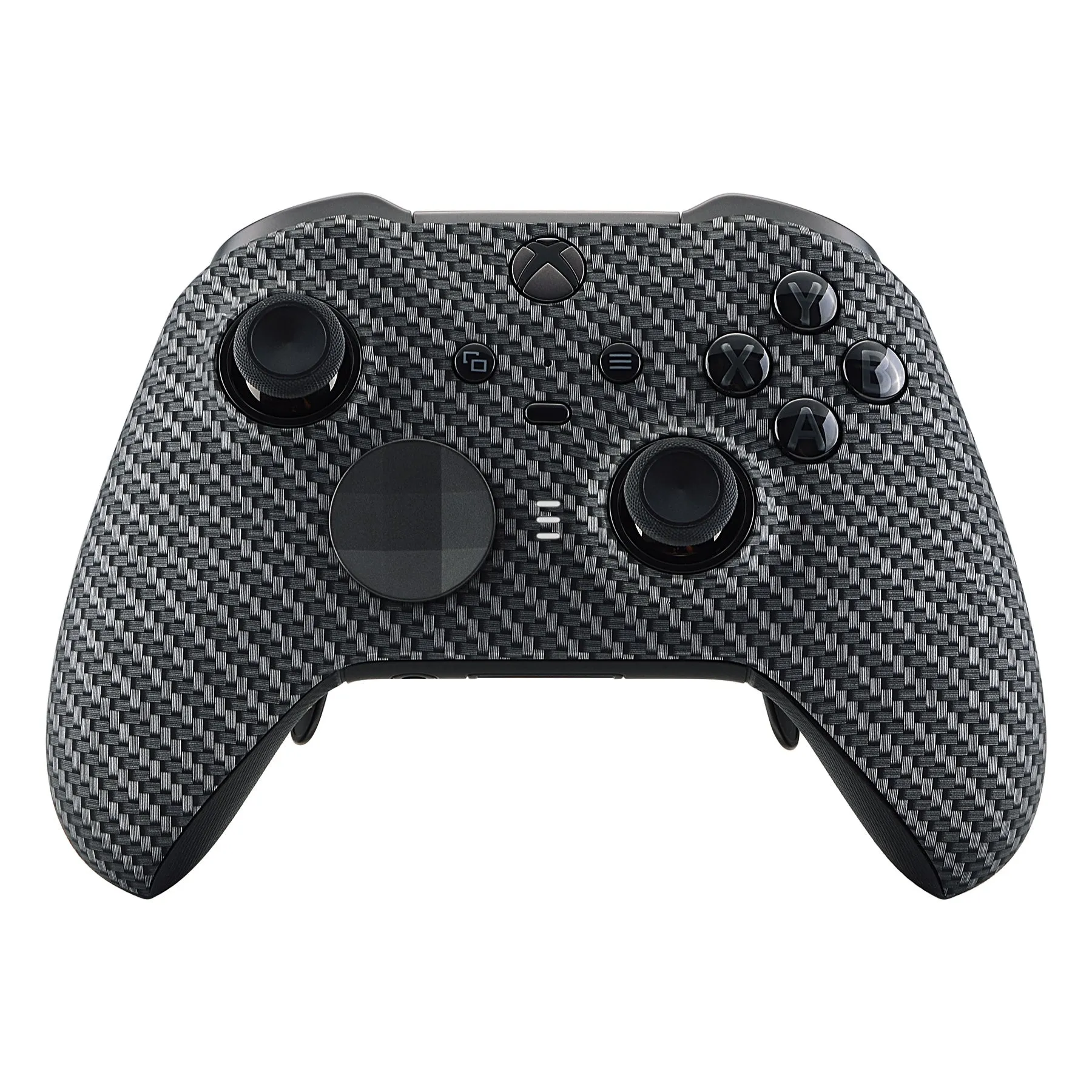 eXtremeRate Black Silver Carbon Fiber Patterned Faceplate Cover, Soft Touch Front Housing Shell Case Replacement Kit for Xbox One Elite Series 2 Controller Model 1797 and Core Model 1797 - Thumbstick Accent Rings Included - ELS209