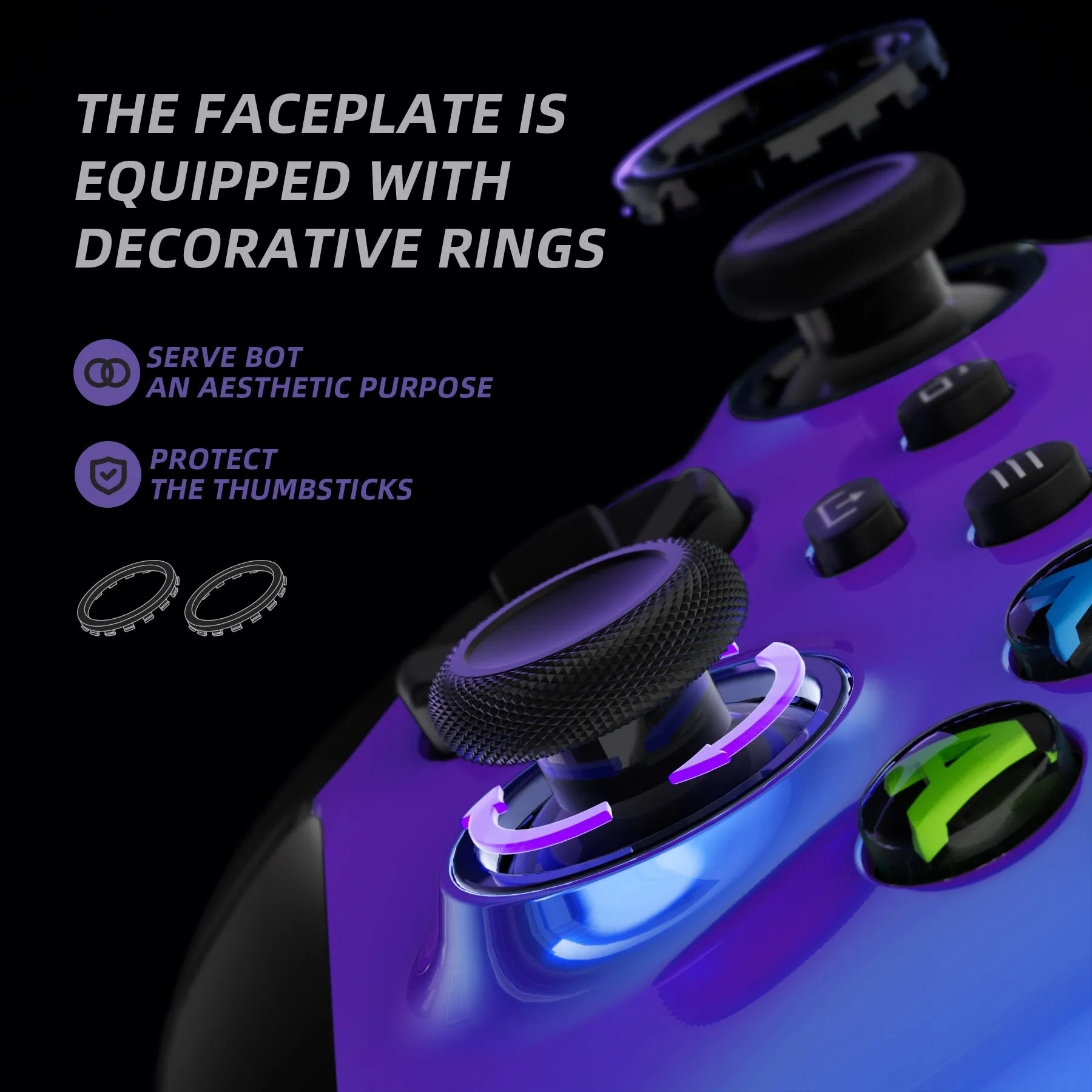 eXtremeRate Chameleon Purple Blue ASR Version Performance Rubberized Side Rails Front Shell with Accent Rings for Xbox Series X/S Controller - ZX3C3002