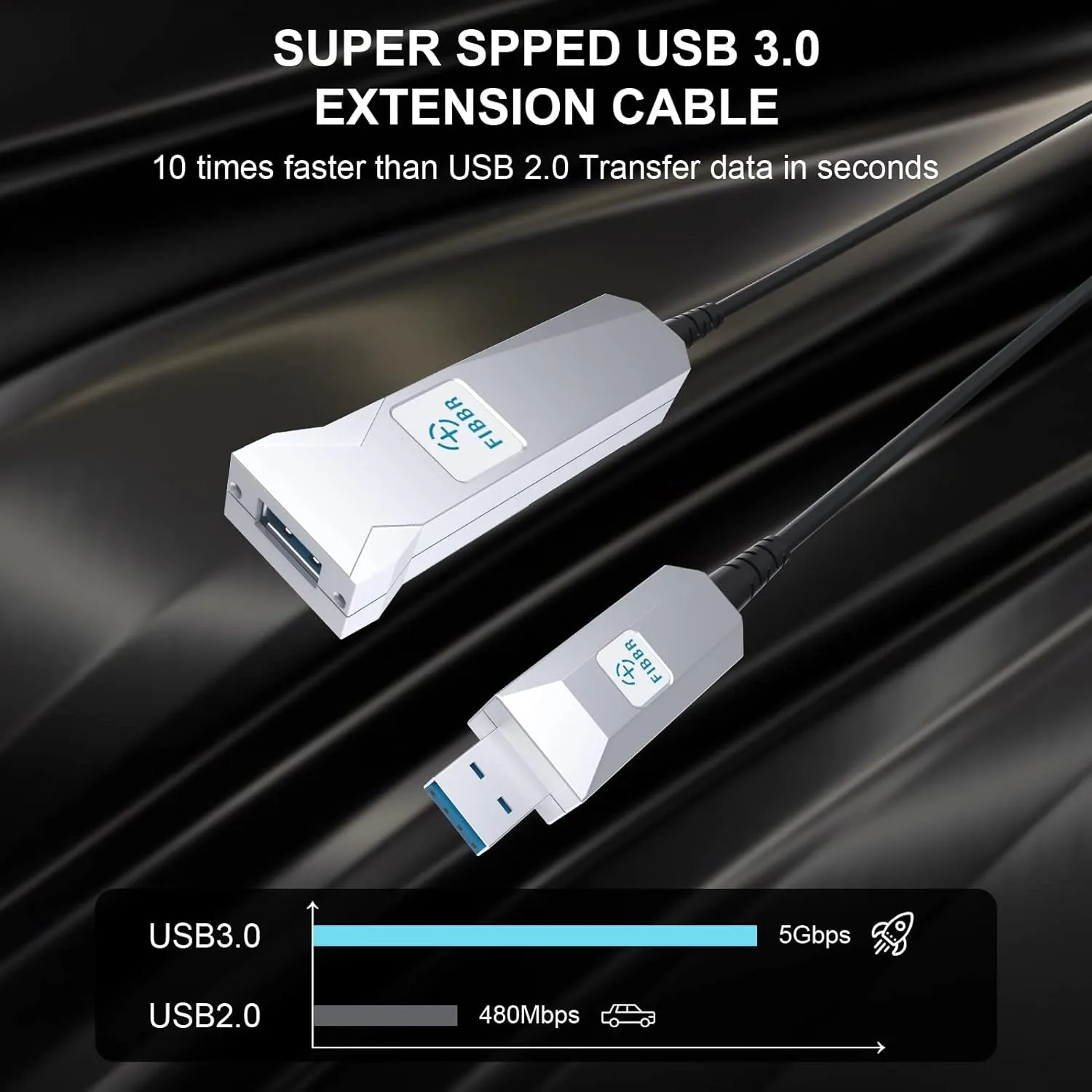 FIBBR Fiber Optic USB Type A 3.0 Male to Female Active Extension Cable (50 Ft)