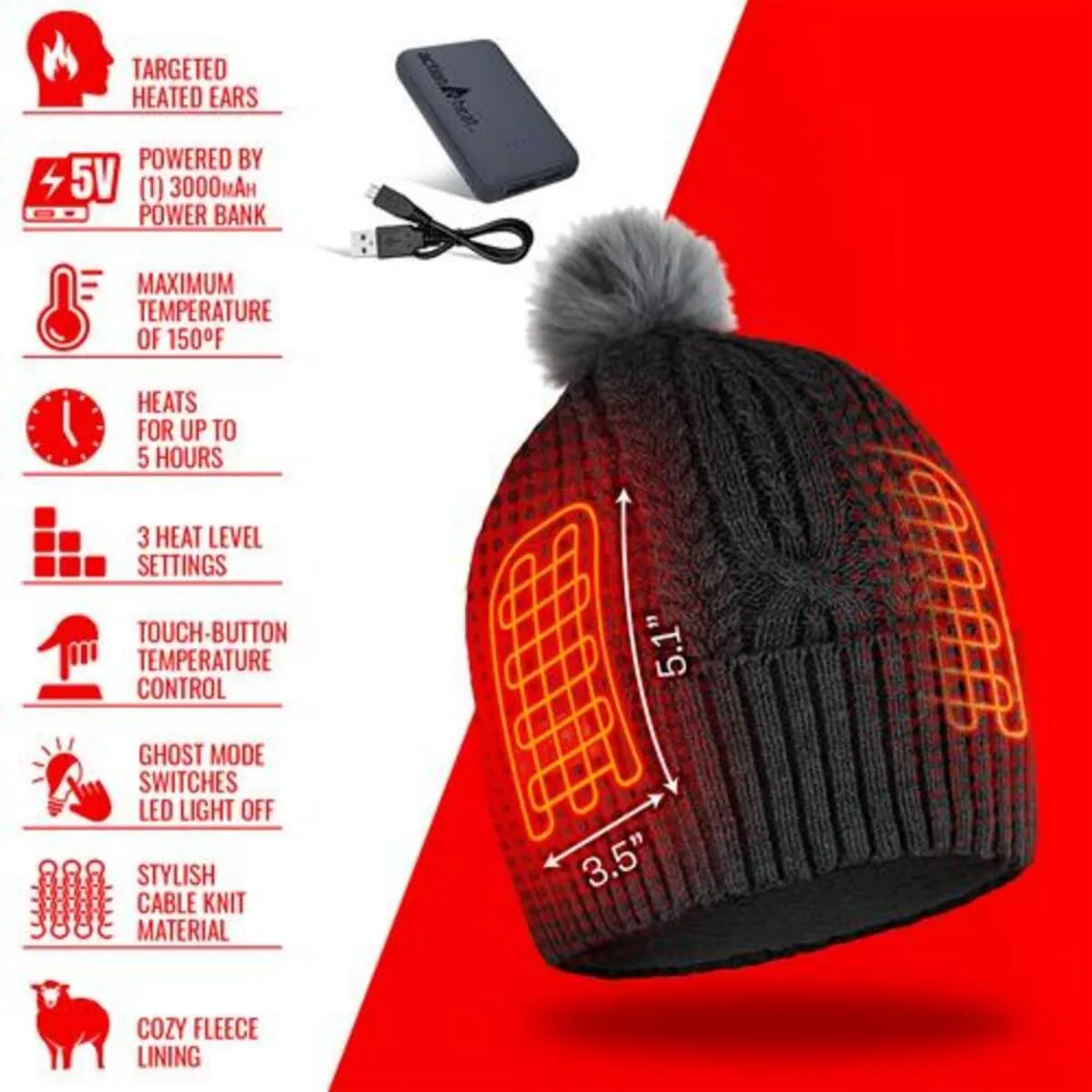 Open Box ActionHeat 5V Battery Heated Cable Knit Hat