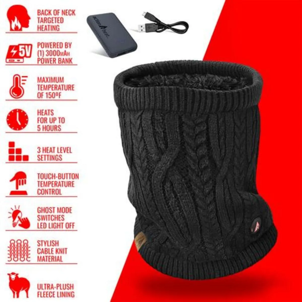 Open Box ActionHeat 5V Battery Heated Cable Knit Neck Gaiter