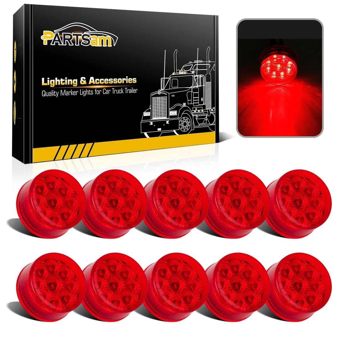 Partsam 10Pcs 2 Inch Round Led Marker Lights Red 9 Diodes w Reflectors Truck Trailer Marker Clearance Lights Sealed Waterproof 12V, 2 Inch Round Led Marker Lights, 2 Inch Round Led Trailer Lights