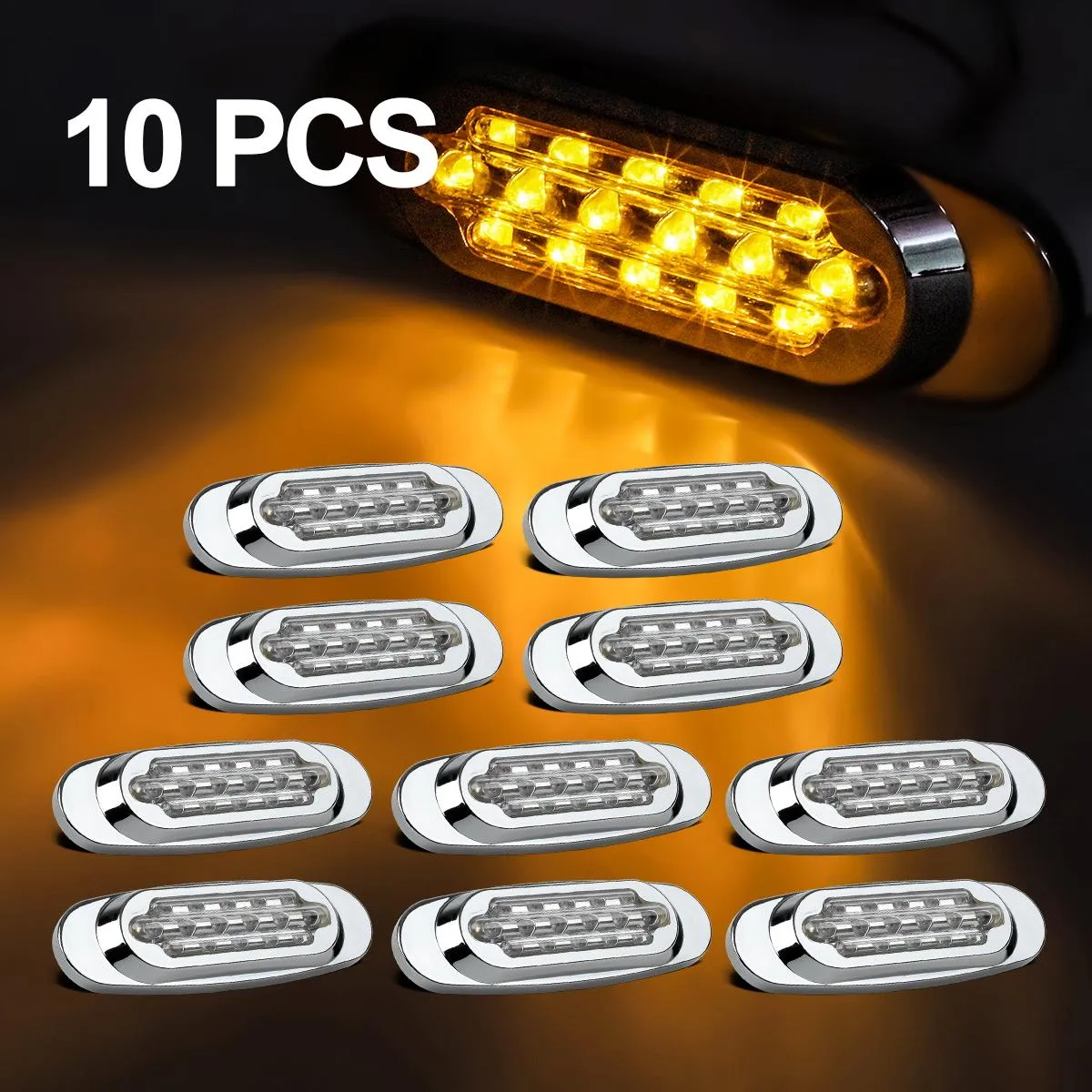 Partsam 10Pcs 6.5 Inch Clear Lens Amber Led Oval Marker Light 16 Diodes Sealed Flush Mount Led Side Marker Lights Turn Signal Lights Cab Panel Lights Replacement for Kenworth/Peterbilt