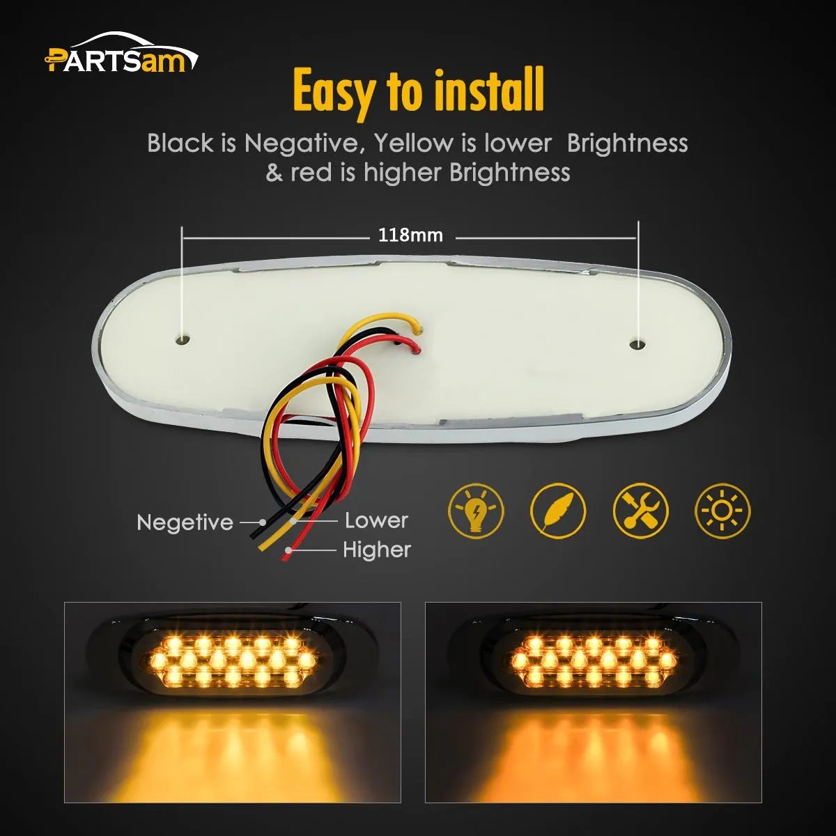 Partsam 10Pcs 6.5 Inch Clear Lens Amber Led Oval Marker Light 16 Diodes Sealed Flush Mount Led Side Marker Lights Turn Signal Lights Cab Panel Lights Replacement for Kenworth/Peterbilt