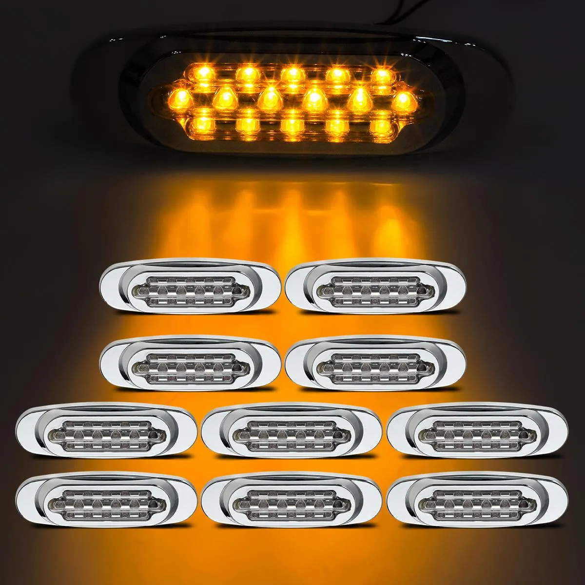 Partsam 10Pcs 6.5 Inch Clear Lens Amber Led Oval Marker Light 16 Diodes Sealed Flush Mount Led Side Marker Lights Turn Signal Lights Cab Panel Lights Replacement for Kenworth/Peterbilt