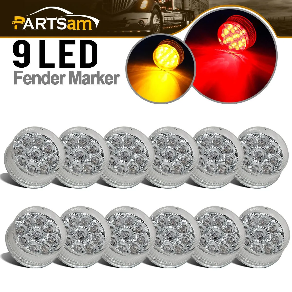 Partsam 12Pcs 2 inch Round Trailer Led Side Marker and Clearance Lights 9 Diodes with Reflectors Clear Lens Sealed Faceted 2 Inch Round LED Trailer Truck Led Marker Light Lamps Waterproof (6Amber   6Red)