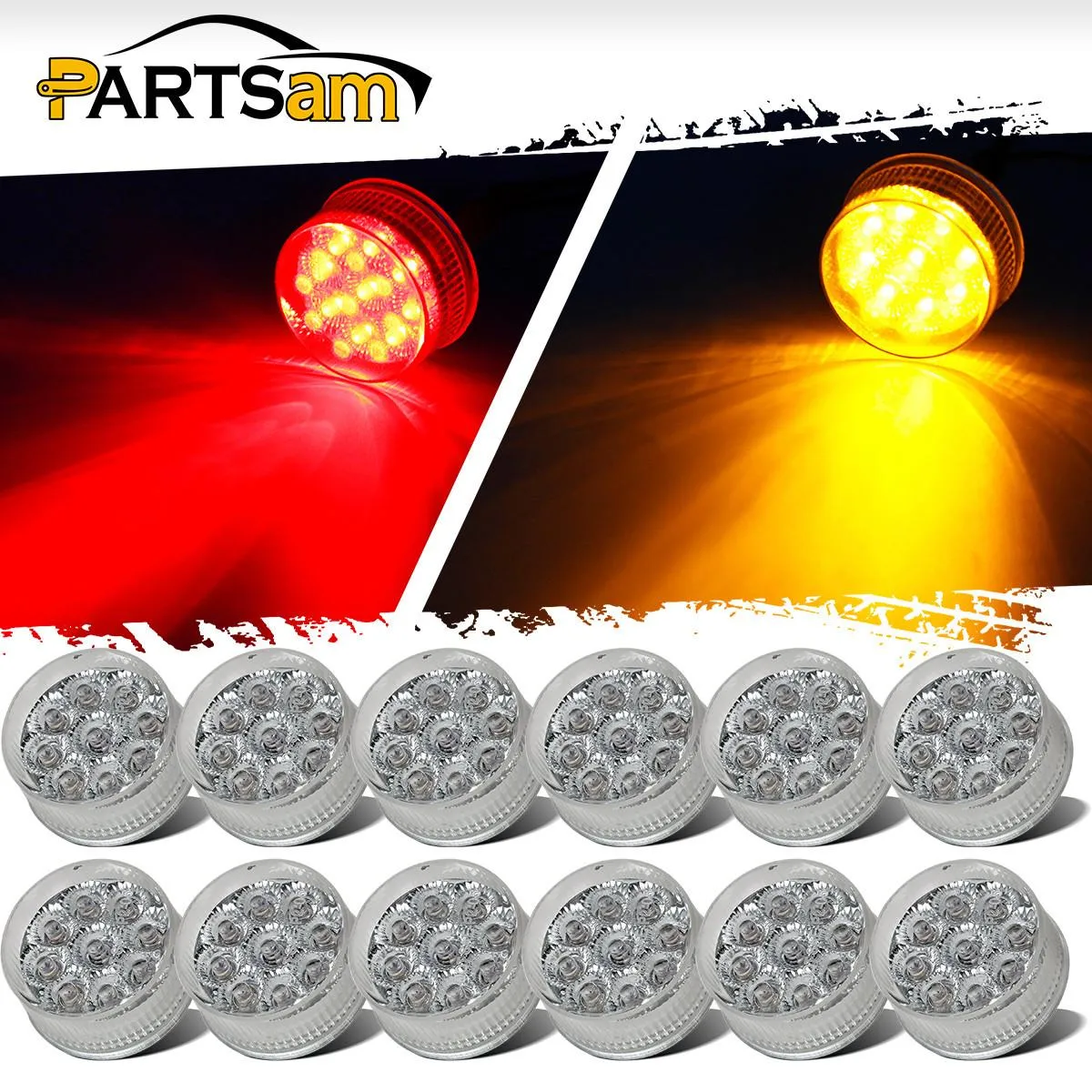 Partsam 12Pcs 2 inch Round Trailer Led Side Marker and Clearance Lights 9 Diodes with Reflectors Clear Lens Sealed Faceted 2 Inch Round LED Trailer Truck Led Marker Light Lamps Waterproof (6Amber   6Red)