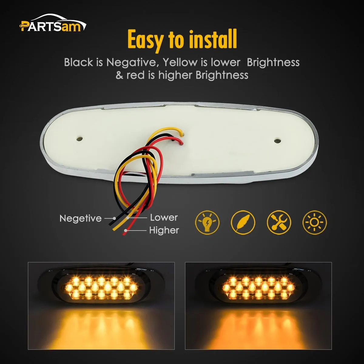 Partsam 14Pcs 6-1/2 Clear/Amber 16-LED Trailer Side Marker and Turn Signal Lights Chrome Flush Mount Style Lights Sealed Replacement for Peterbilt/Kenworth/Freightliner