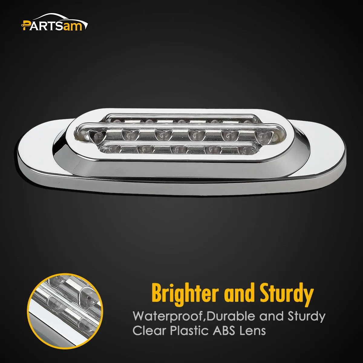 Partsam 14Pcs 6-1/2 Clear/Amber 16-LED Trailer Side Marker and Turn Signal Lights Chrome Flush Mount Style Lights Sealed Replacement for Peterbilt/Kenworth/Freightliner