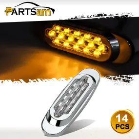 Partsam 14Pcs 6-1/2 Clear/Amber 16-LED Trailer Side Marker and Turn Signal Lights Chrome Flush Mount Style Lights Sealed Replacement for Peterbilt/Kenworth/Freightliner
