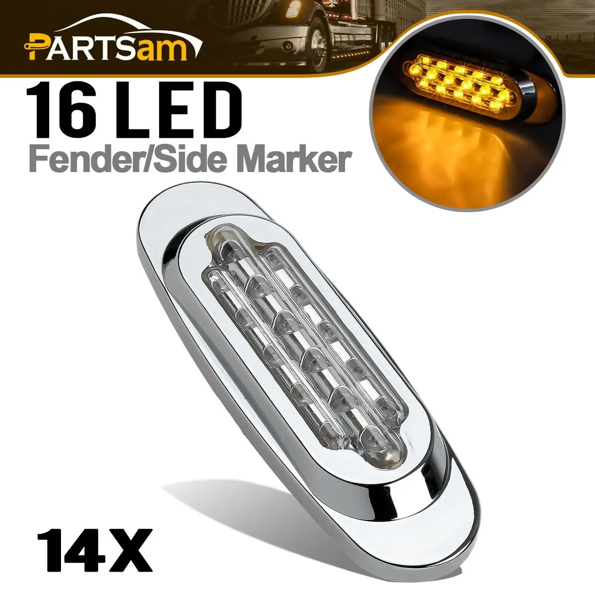 Partsam 14Pcs 6-1/2 Clear/Amber 16-LED Trailer Side Marker and Turn Signal Lights Chrome Flush Mount Style Lights Sealed Replacement for Peterbilt/Kenworth/Freightliner