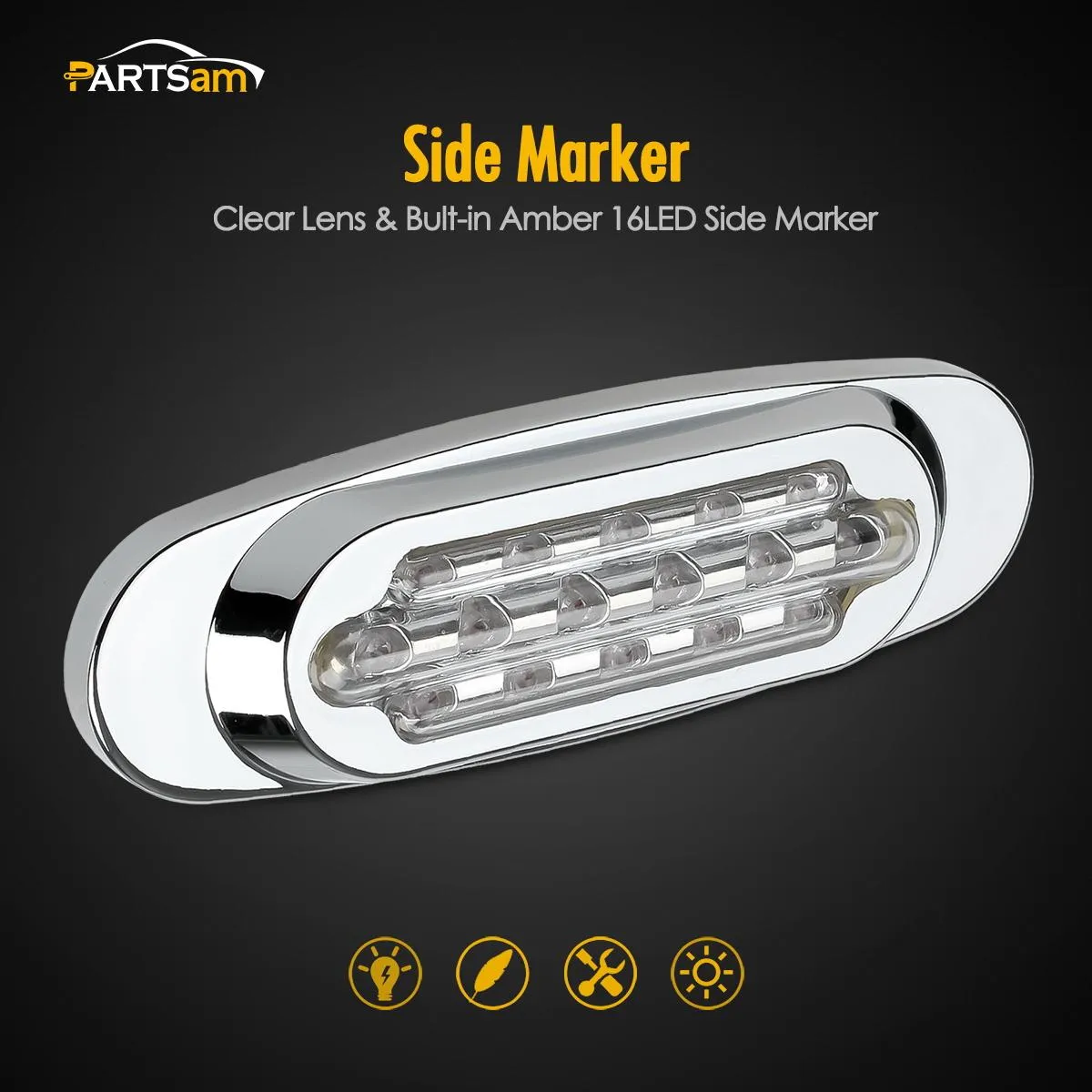 Partsam 14Pcs 6-1/2 Clear/Amber 16-LED Trailer Side Marker and Turn Signal Lights Chrome Flush Mount Style Lights Sealed Replacement for Peterbilt/Kenworth/Freightliner