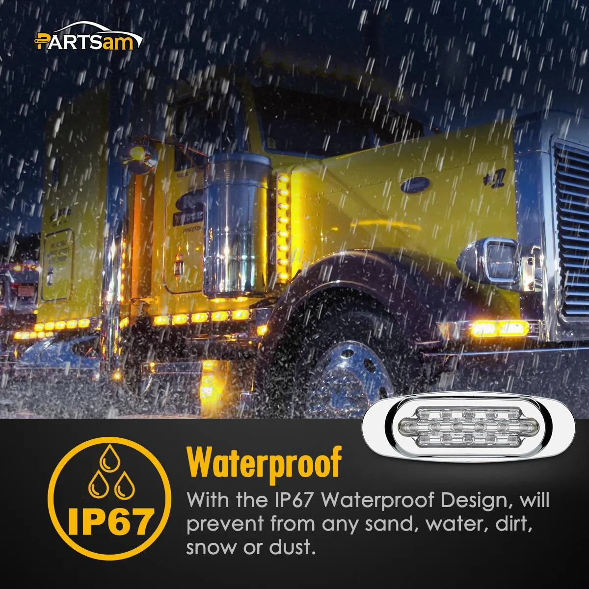 Partsam 14Pcs 6-1/2 Clear/Amber 16-LED Trailer Side Marker and Turn Signal Lights Chrome Flush Mount Style Lights Sealed Replacement for Peterbilt/Kenworth/Freightliner