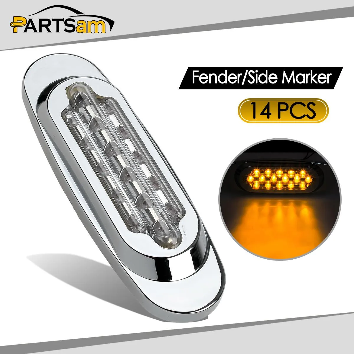 Partsam 14Pcs 6-1/2 Clear/Amber 16-LED Trailer Side Marker and Turn Signal Lights Chrome Flush Mount Style Lights Sealed Replacement for Peterbilt/Kenworth/Freightliner