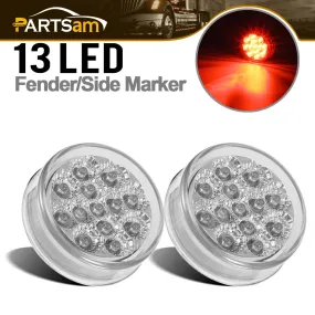 Partsam 2 Pcs Mini-Reflex Red Clear Lens Side indicator LED Marker Clearance Truck Light w/2 Standard Pin, Sealed Faceted 2.5 inch Round LED Trailer Sidelight ID Light Identification Taillight 13 Diodes