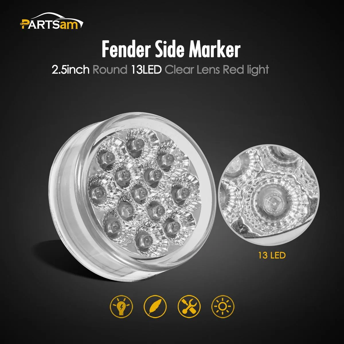 Partsam 2 Pcs Mini-Reflex Red Clear Lens Side indicator LED Marker Clearance Truck Light w/2 Standard Pin, Sealed Faceted 2.5 inch Round LED Trailer Sidelight ID Light Identification Taillight 13 Diodes