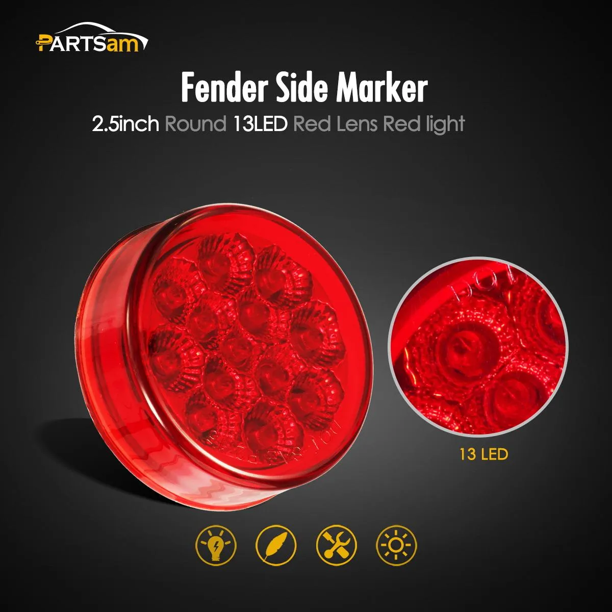 Partsam 2Pcs 2.5 Round Trailer Led Side Marker Lights Red 13 Diodes with Reflectors Waterproof 12V Sealed Trucks Lamps, 2.5 Round Led Marker Lights Cab Sleeper Panel Lights