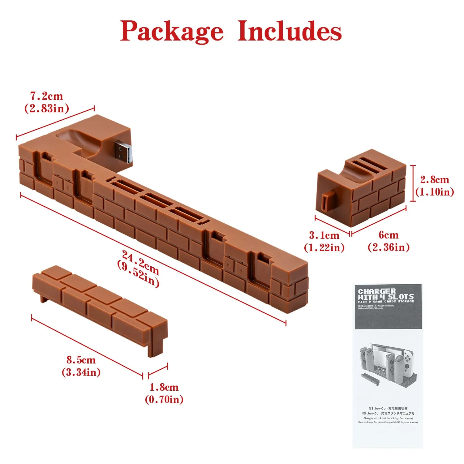 Red Brick Charging Dock with 8 Game Card Slots for Nintendo Switch/Switch OLED Joy-Cons (HS-SW488)