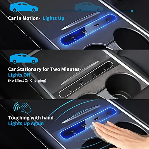 Upgraded Auto Switch LED Light USB Hub for 2021 2023 Tesla Model Y 3, Docking Stations Accessories with Displacement Sensor, Compatible Center Console Smart Sensor
