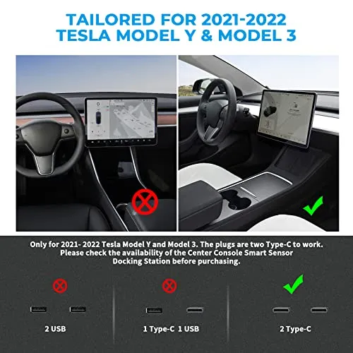Upgraded Auto Switch LED Light USB Hub for 2021 2023 Tesla Model Y 3, Docking Stations Accessories with Displacement Sensor, Compatible Center Console Smart Sensor