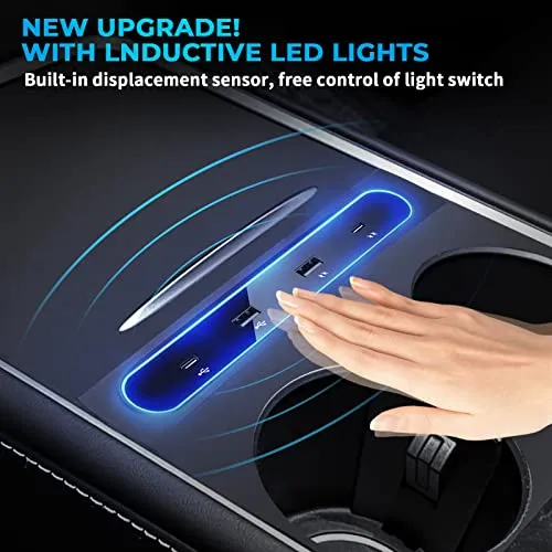 Upgraded Auto Switch LED Light USB Hub for 2021 2023 Tesla Model Y 3, Docking Stations Accessories with Displacement Sensor, Compatible Center Console Smart Sensor