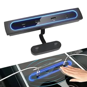 Upgraded Auto Switch LED Light USB Hub for 2021 2023 Tesla Model Y 3, Docking Stations Accessories with Displacement Sensor, Compatible Center Console Smart Sensor