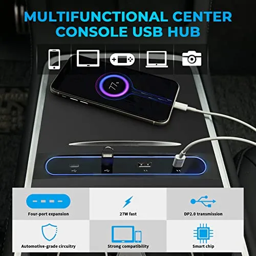 Upgraded Auto Switch LED Light USB Hub for 2021 2023 Tesla Model Y 3, Docking Stations Accessories with Displacement Sensor, Compatible Center Console Smart Sensor