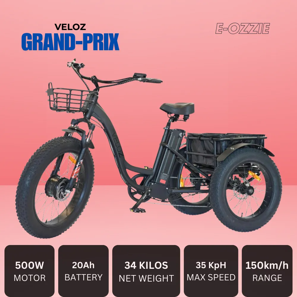 Veloz Grand-Prix Electric Trike Bike 500-750W Motor 120 Km Autonomy 20Ah Samsung Battery 150  Kilos weight load 6 Months Free Service