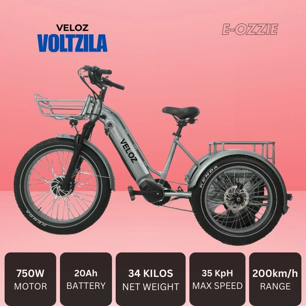 Veloz VOLTZILA Electric Trike Bike 500-750W Motor 200 Km Autonomy 20Ah Samsung Battery 200  Kilos weight load 6 Months Free Service
