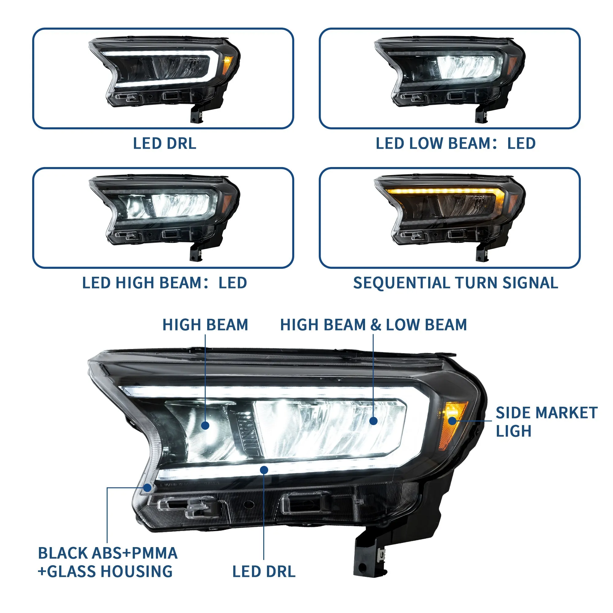 VLAND Full LED Headlights For Ford Ranger T6 Raptor & Wildtrak 2015-2020 (For International Version)