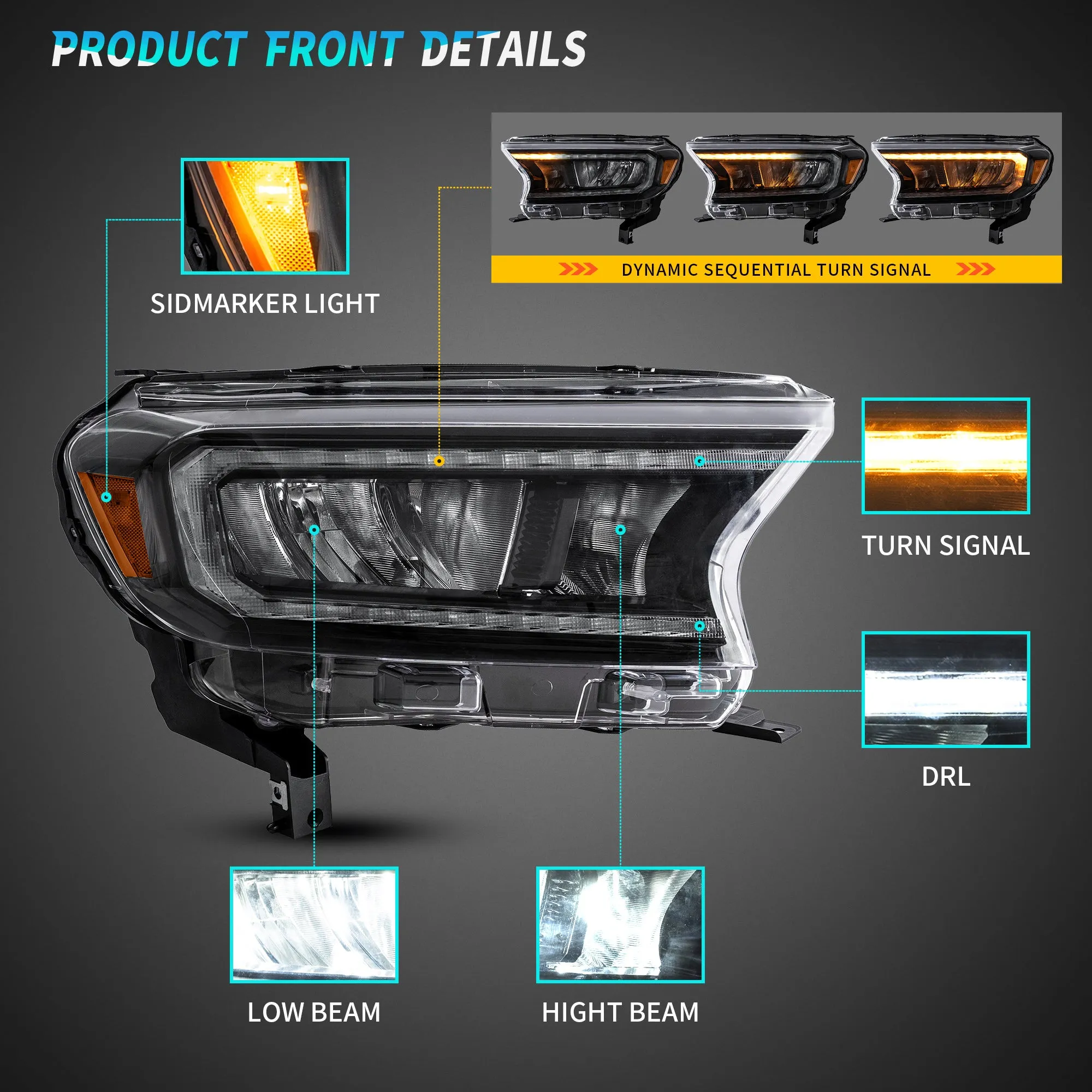VLAND Full LED Headlights For Ford Ranger T6 Raptor & Wildtrak 2015-2020 (For International Version)