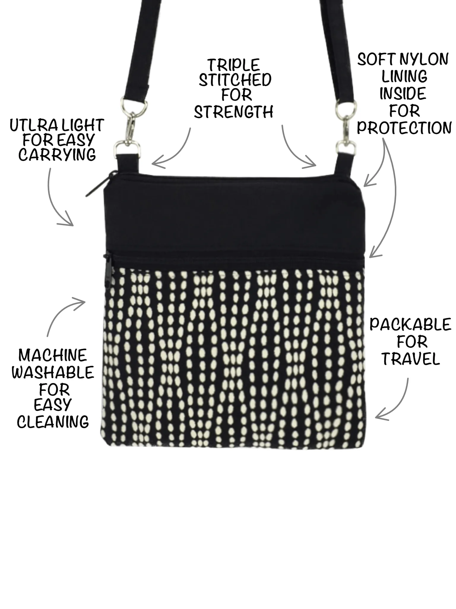Wavy Dots in Black | Black Nylon | Mini Square Crossbody Bag